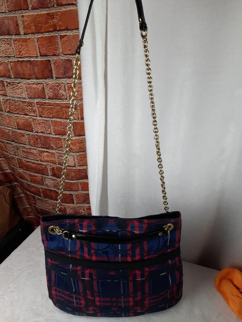 Coach Navy & Red Signature Plaid Denim Tote Bag